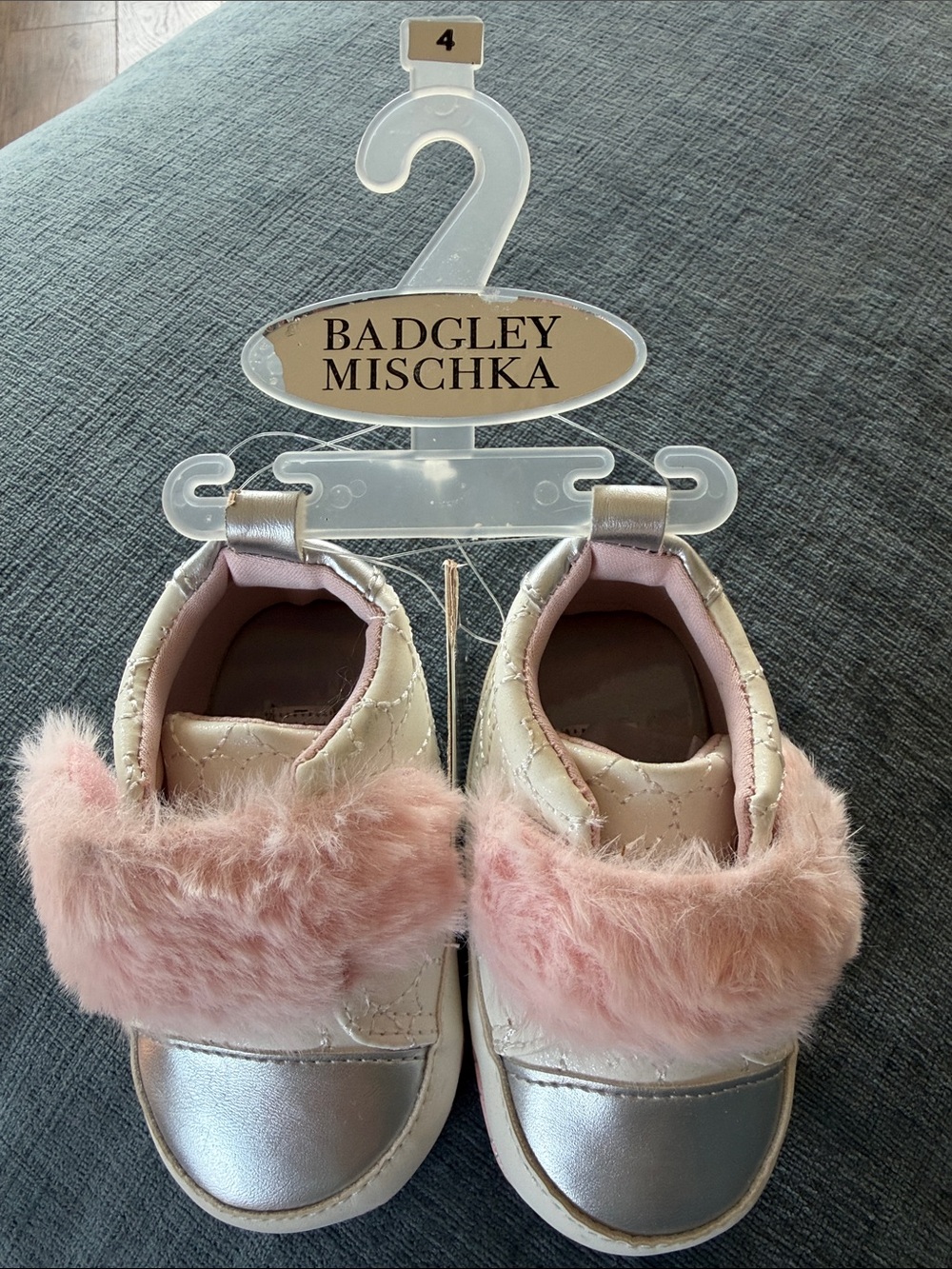 Badgley Mischka Cream and Blush Pink Faux Fur Metallic Girls Slip-On Sneakers